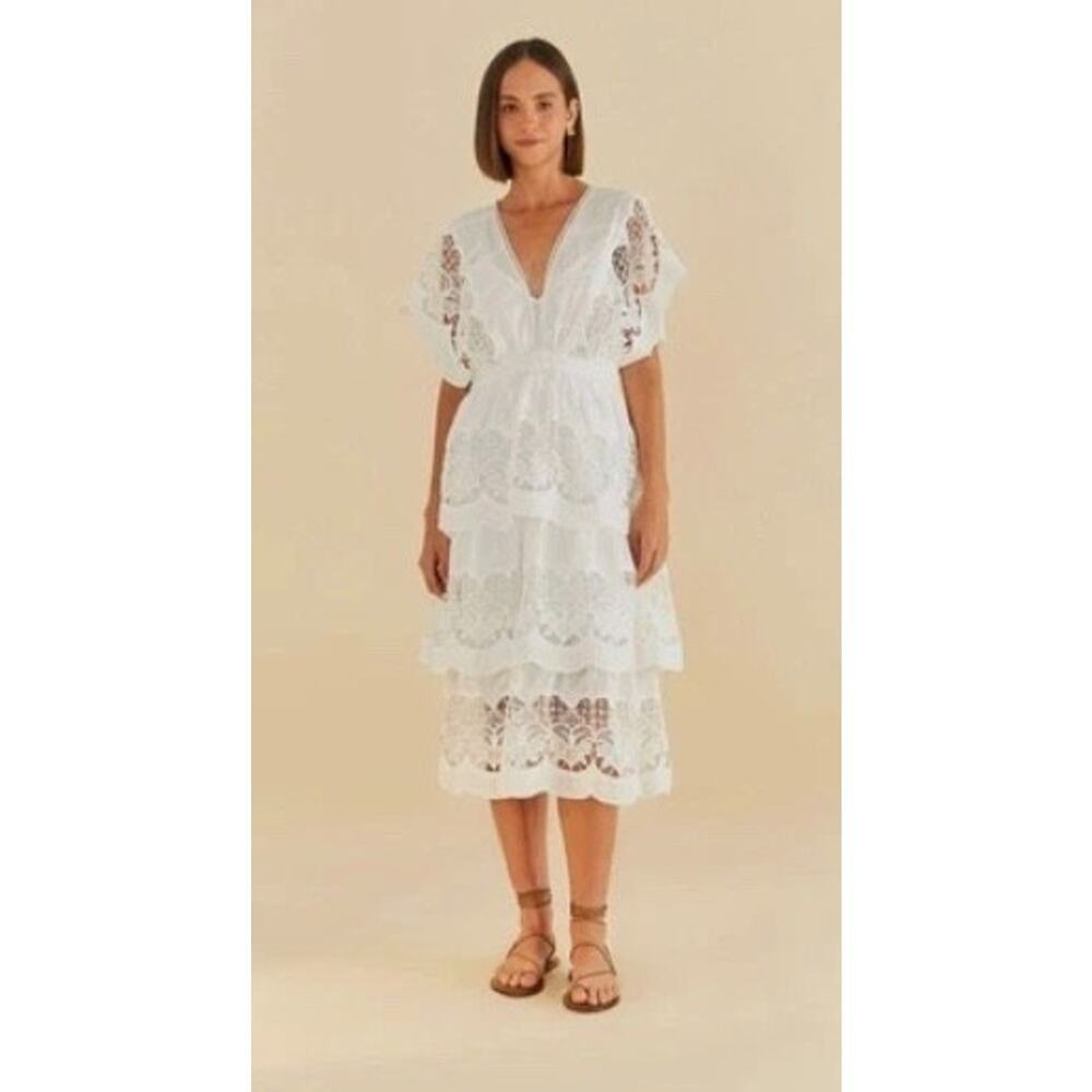 New! FARM Rio White Richelier Midi Dress Sz M Lace Embroidered Tiered Sz XS #58